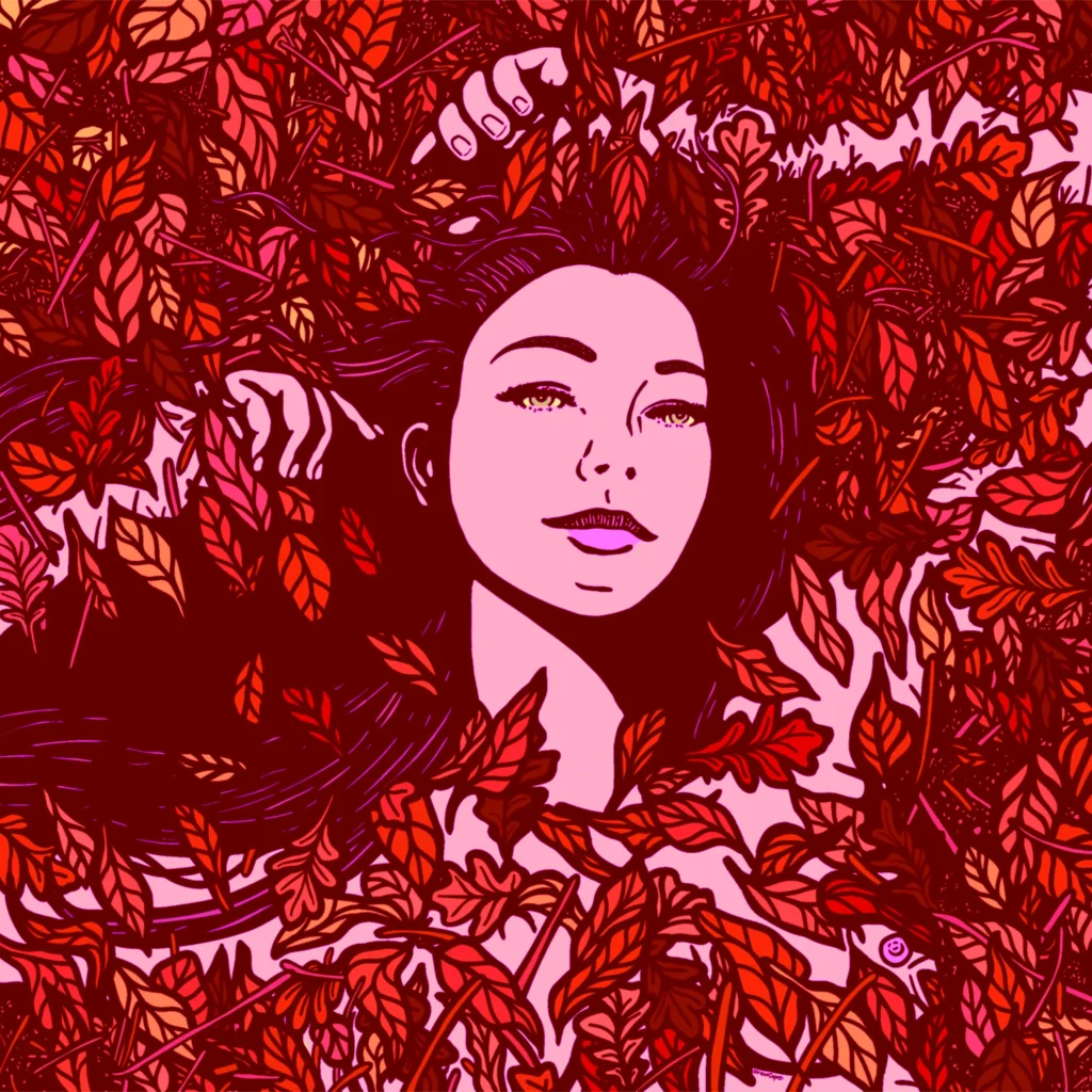 digital art of womans portrait with autumnal leaves surrounding her