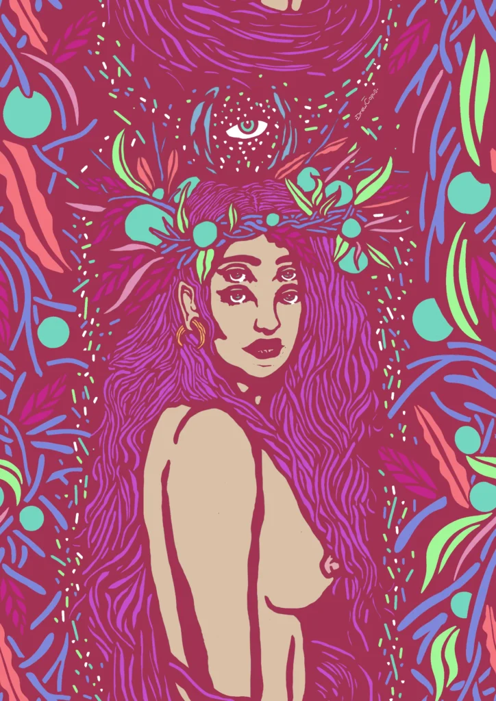digital art of goddess with fruit and foliage