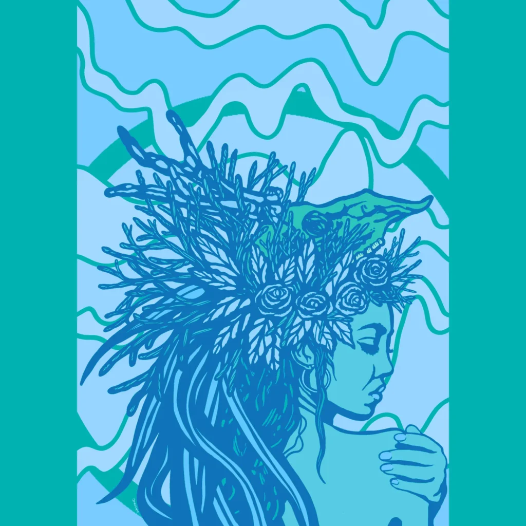 digital art of goddess with roses and deer skull crown